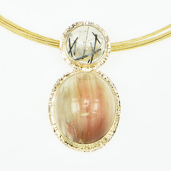 Rutillated Quartz and Tourmaline in Quartz Cabochon Pendant