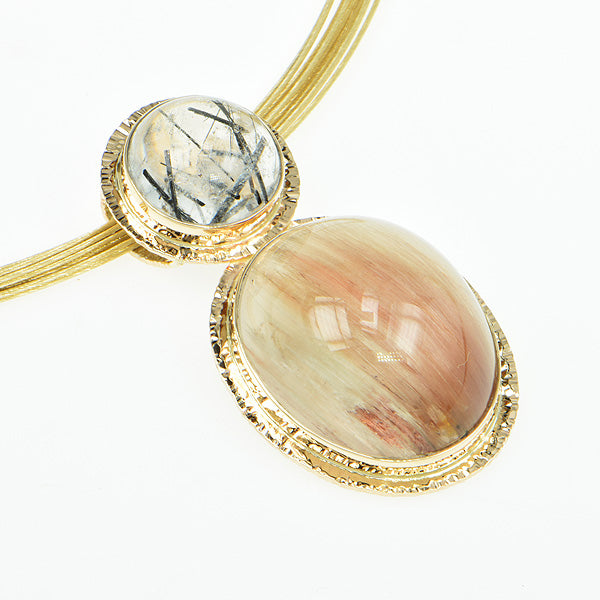 Rutillated Quartz and Tourmaline in Quartz Cabochon Pendant