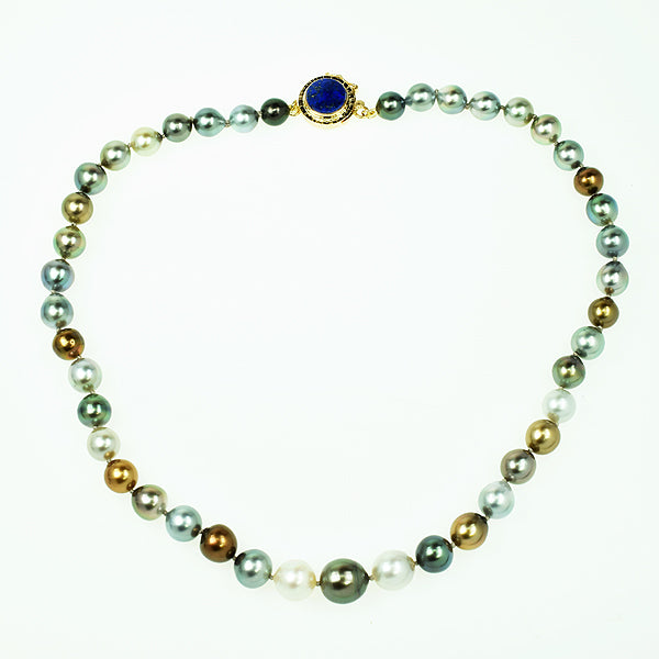 Multicolor South Sea Pearls with Lapis Cabochon Clasp Necklace