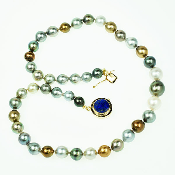 Multicolor South Sea Pearls with Lapis Cabochon Clasp Necklace