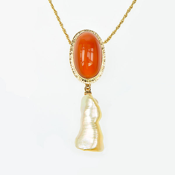 Tomato Chalcedony Cabochon Golden Pearl Pendant