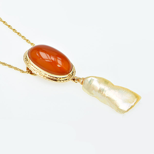 Tomato Chalcedony Cabochon Golden Pearl Pendant