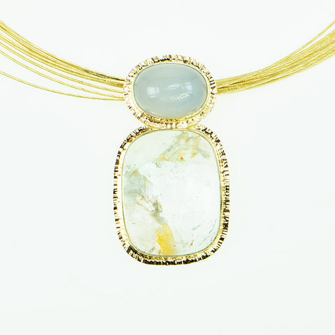 White Topaz with Hematite and Calcite and Blue Chalcedony Cabochon Pendant