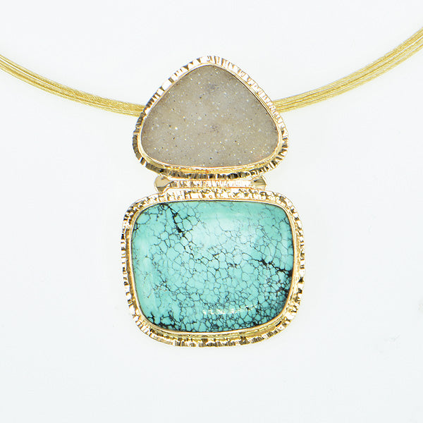 Turquoise and Grey Drusy Quartz Cabochon Pendant