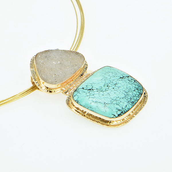 Turquoise and Grey Drusy Quartz Cabochon Pendant