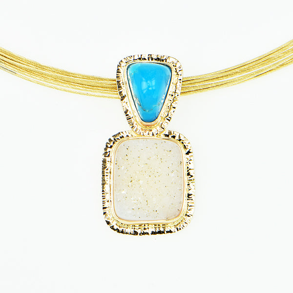 Sleeping Beauty Turquoise and White Drusy Quartz Cabochon Pendant
