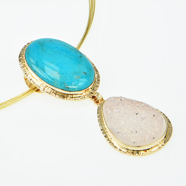 Kingman Turquoise and White Drusy Quartz Cabochon Pendant