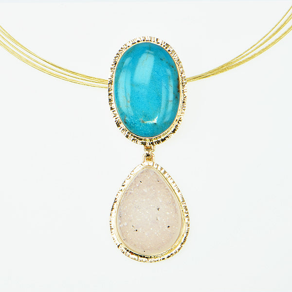 Kingman Turquoise and White Drusy Quartz Cabochon Pendant