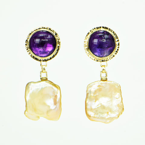 Amethyst with Cacoxenite and Pearl Cabochon Earrings
