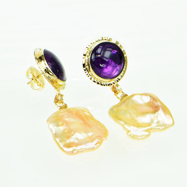 Amethyst with Cacoxenite and Pearl Cabochon Earrings