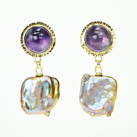 Amethyst Cabochon and Lavender Keshi Pearl Earrings