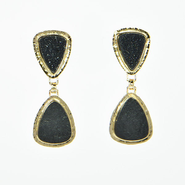Black Drusy Quartz and Black Jade Cabochon Earrings