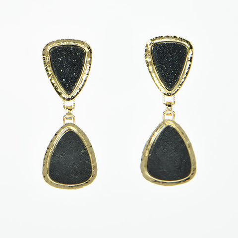 Black Drusy Quartz and Black Jade Cabochon Earrings