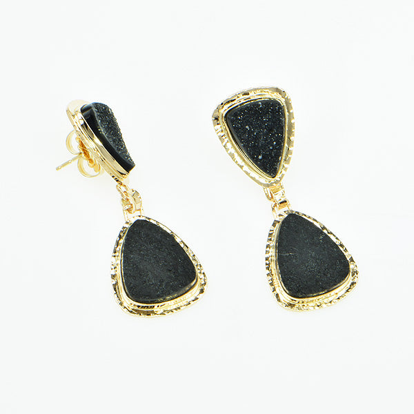Black Drusy Quartz and Black Jade Cabochon Earrings