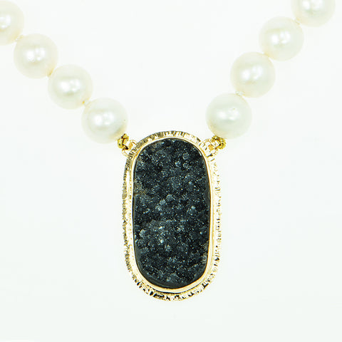 Black Drusy Quartz Cabochon and Freshwater Pearl Necklace