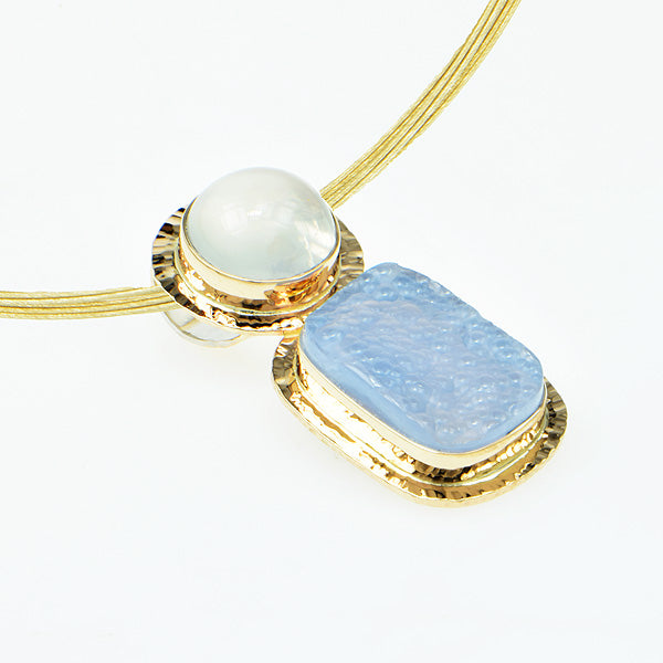 Botryoidal Blue Chalcedony and Catseye Moonstone Cabochon Pendant