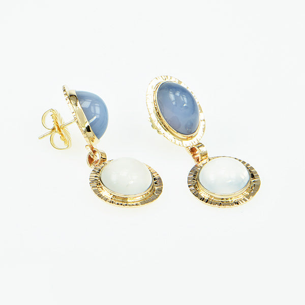Blue Chalcedony and Catseye Moonstone Cabochon Earrings