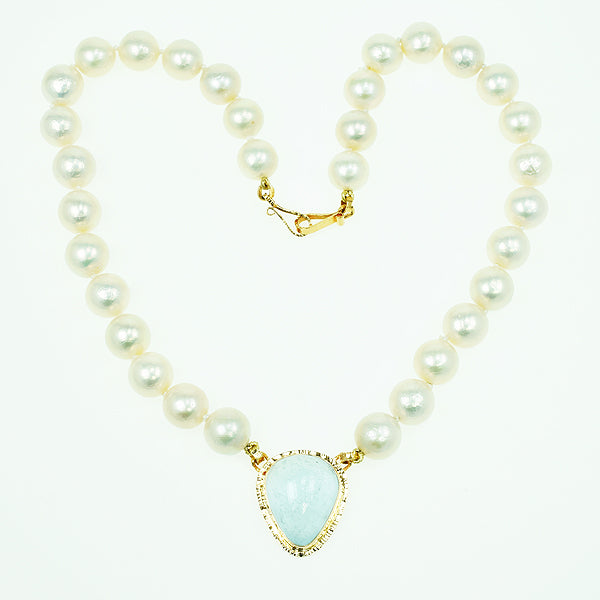 Natural Blue Topaz Cabochon and Pearl Necklace