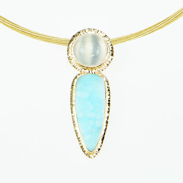 Drusy Hemimorphite and Catseye Moonstone Cabochon Pendant