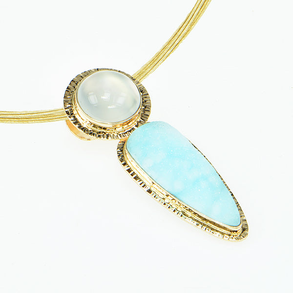 Drusy Hemimorphite and Catseye Moonstone Cabochon Pendant