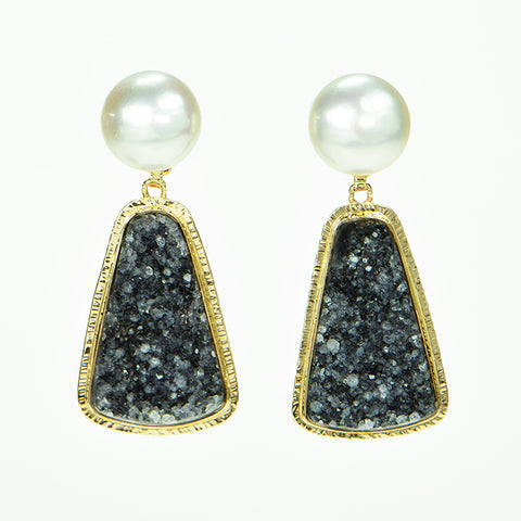 Charcoal Drusy Quartz Cabochon and Pearl Earrings