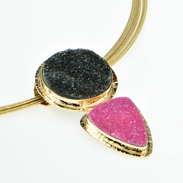 Drusy Cobalt Calcium and Black Drusy Quartz Cabochon Pendant