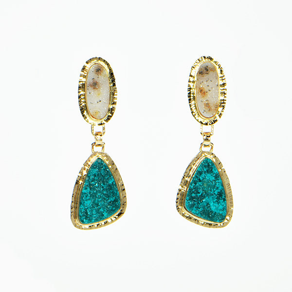 Drusy Chrome Dioptase and Drusy White Quartz Cabochon Earrings