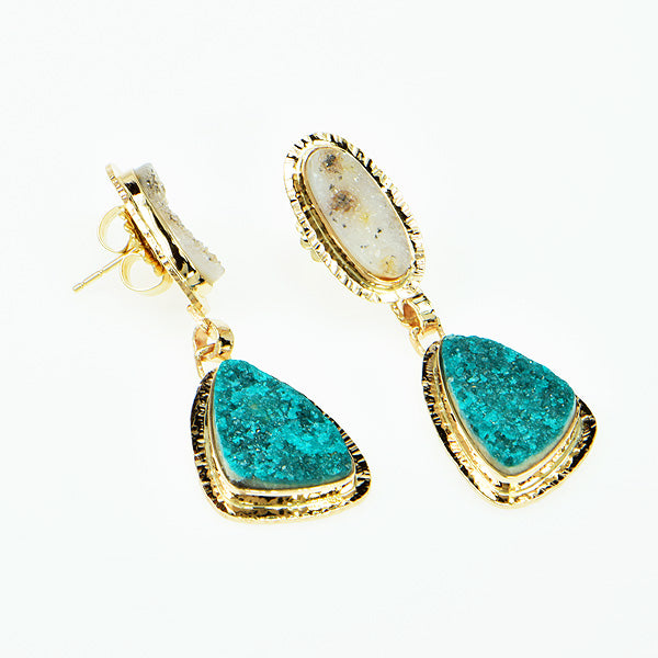 Drusy Chrome Dioptase and Drusy White Quartz Cabochon Earrings