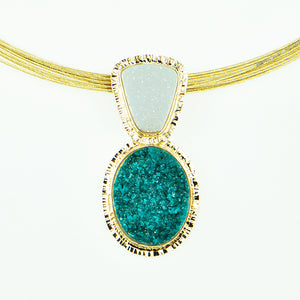 Drusy Chrome Dioptase and White Drusy Quartz Cabochon Pendant