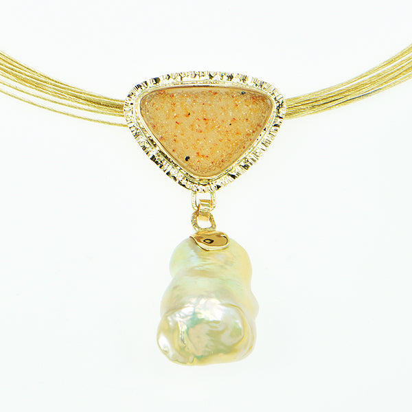 Amber Drusy Quartz Cabochon and Golden Pearl Pendant