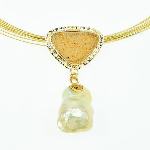 Amber Drusy Quartz Cabochon and Golden Pearl Pendant