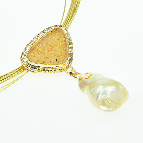 Amber Drusy Quartz Cabochon and Golden Pearl Pendant