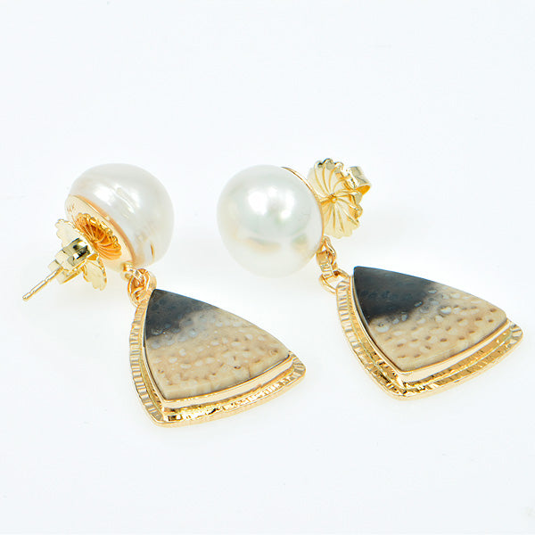 Fossil Palm Cabochon and Pearl Earrings