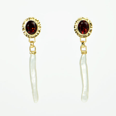 Ceylon Garnet and Pearl Faceted Earrings