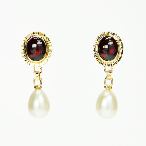Rhodolite Garnet Cabochon and Freshwater Pearl Earrings