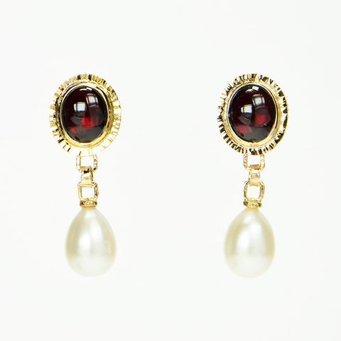 Rhodolite Garnet Cabochon and Freshwater Pearl Earrings