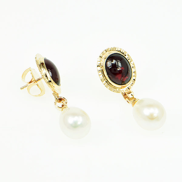 Rhodolite Garnet Cabochon and Freshwater Pearl Earrings