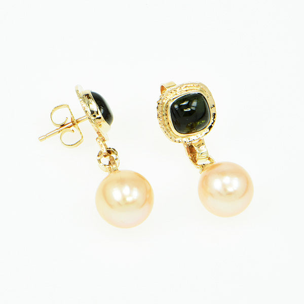 Green Tourmaline Cabochon and Pearl Earrings