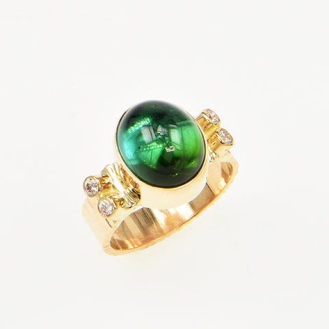 Green Tourmaline Cabochon and Diamond Ring