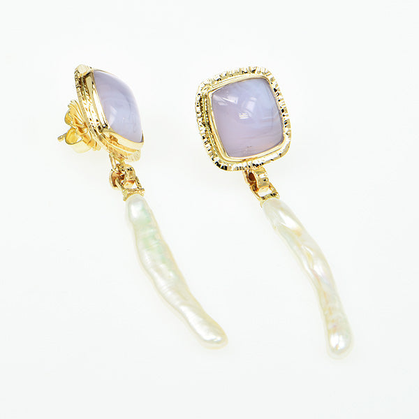 Holly Blue Chalcedony Cabochon and Pearl Earrings