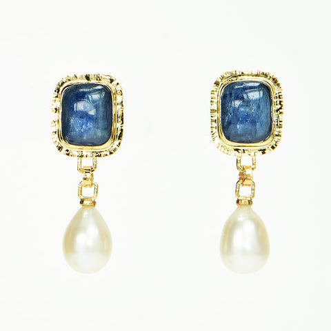 Kyanite Cabochon and Freshwater Pearl Earrings