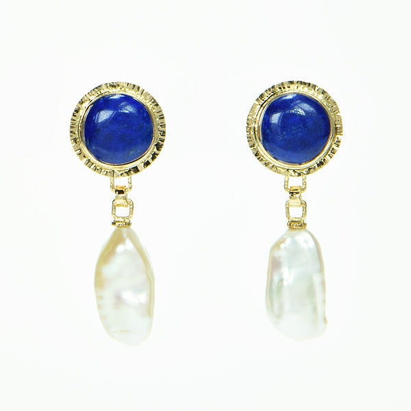 Lapis Cabochon and Freshwater Pearl Earrings