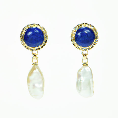 Lapis Cabochon and Freshwater Pearl Earrings