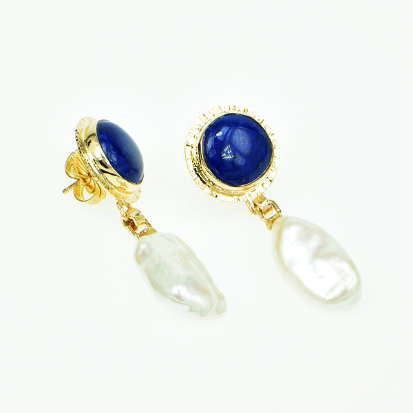 Lapis Cabochon and Freshwater Pearl Earrings