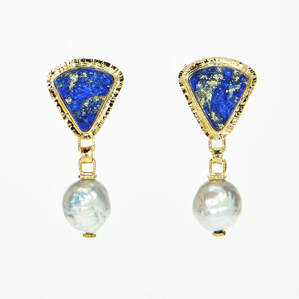 Lapis with Pyrite Cabochon and Freshwater Pearl Earrings