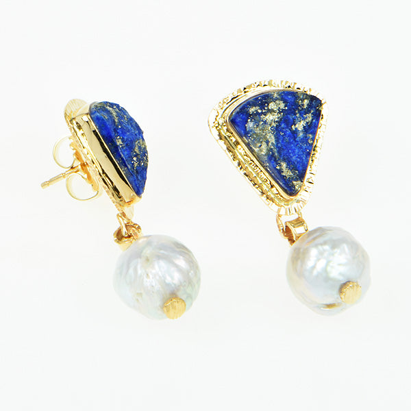 Lapis with Pyrite Cabochon and Freshwater Pearl Earrings