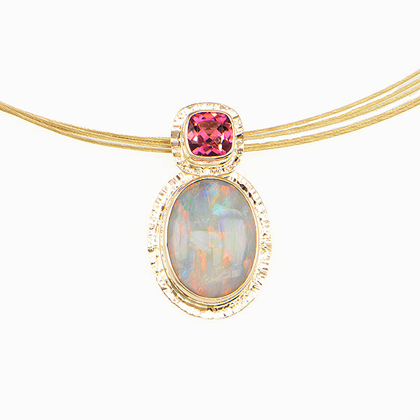 Harlequin Semi-Black Opal and Rubellite Tourmaline Faceted Pendant