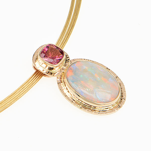 Harlequin Semi-Black Opal and Rubellite Tourmaline Faceted Pendant