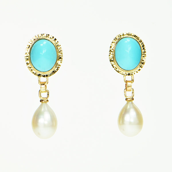 Persian Turquoise Cabochon and Pearl Earrings