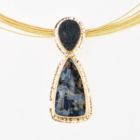 Pietersite and Black Drusy Quartz Cabochon Pendant